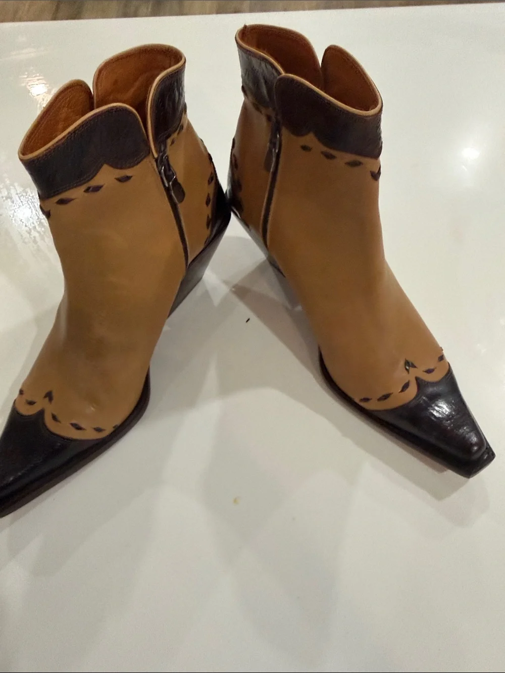 Donald J. Pliner Two-Tone Tan and Black Pointed Ankle Booties